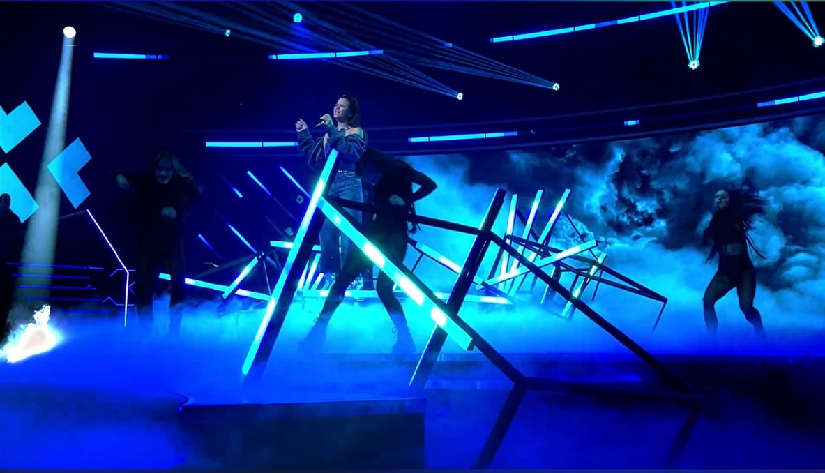 Blue LED stage structure during a live performance