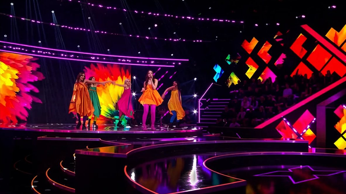 Colourful live-show stage visuals on the X-Factor LED backdrop